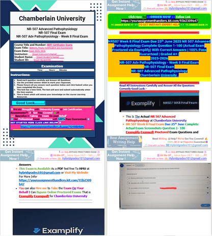 NR507 Week 8 Final Exam Due 25th June 2025 NR 507 Advanced Pathophysiology Complete Question 1-100 (Actual Exam Proctored via Examplify) With Correct Answers | 100% Pass Guaranteed | Graded A+ | - Your Assignment Handlers (Bypass_proctored_Exams)
