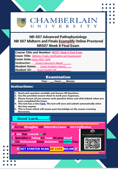 NR507 Week 8 Final Exam Due 28th June 2026 Complete Actual Exam Questions 1- 100 NR-507 Advanced Pathophysiology NR507 Midterm and Finals Examplify Online Proctored Exam Questions and Answers | 100% Pass Guaranteed | Graded A+ | - Your Assignment Handlers (Bypass_proctored_Exams)