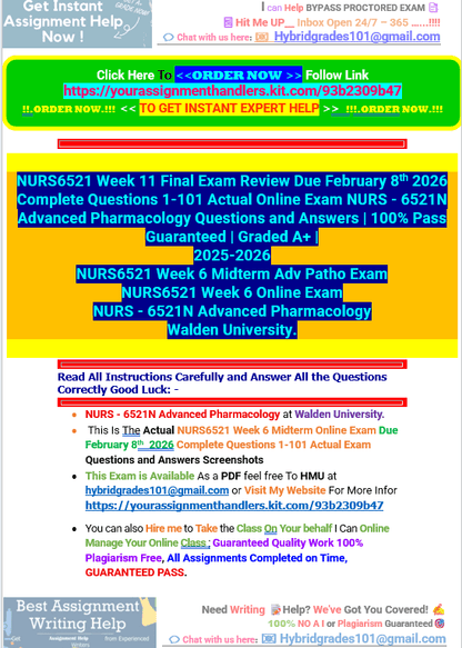 NURS6521 Week 11 Final Exam Review Complete Questions 1-101 Actual Online Exam NURS - 6521N Advanced Pharmacology Questions and Answers - Your Assignment Handlers (Bypass_proctored_Exams)